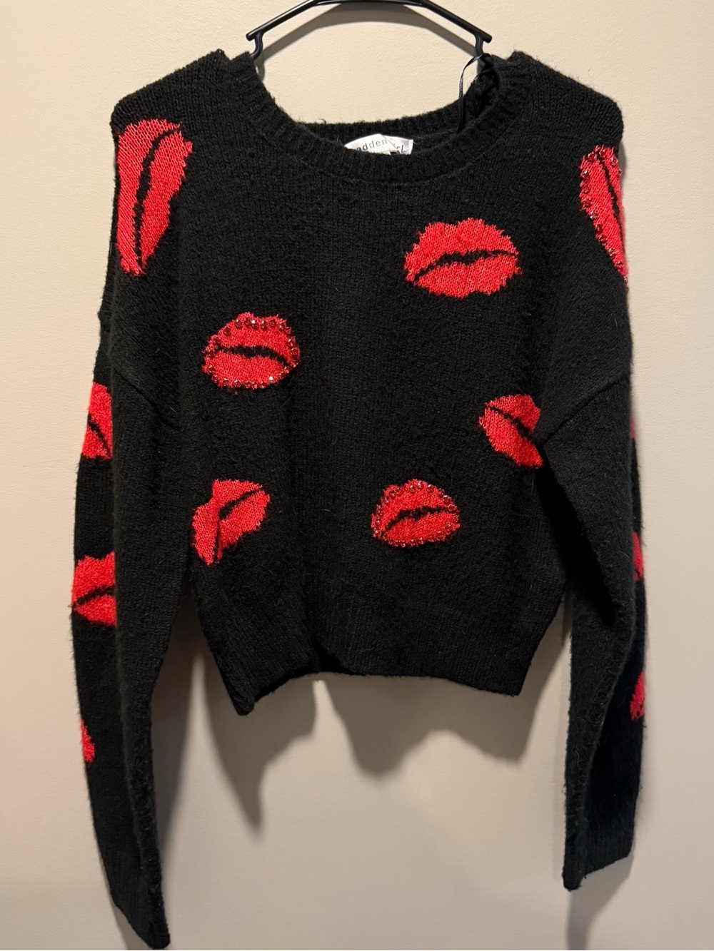 Madden Girl Black Sweater with Red Lip Motifs